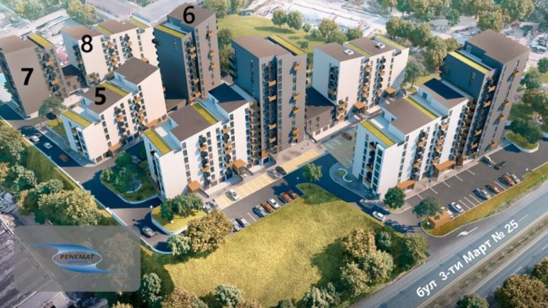 Разположение на сгради 5, 6, 7 и 8 в комплекса, с бул. „Трети март“ вдясно